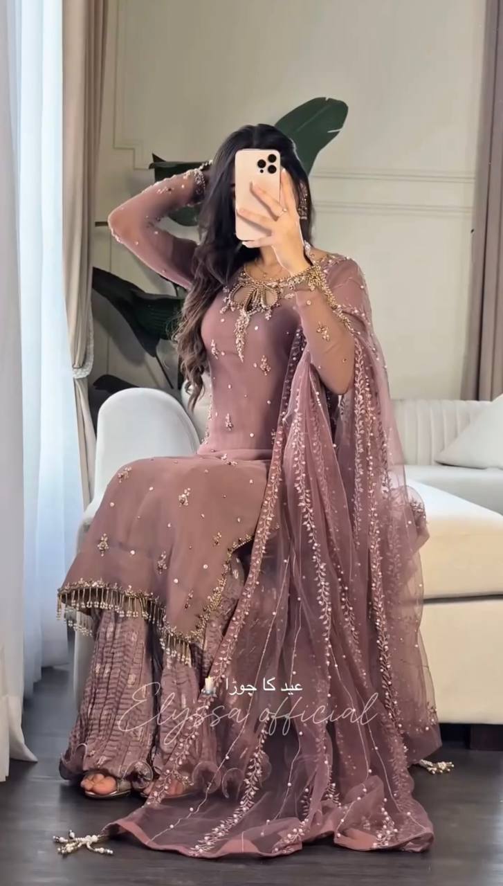 Elegant Brown Color Heavy Faux Georgette With Heavy Embroidery Sequence Work