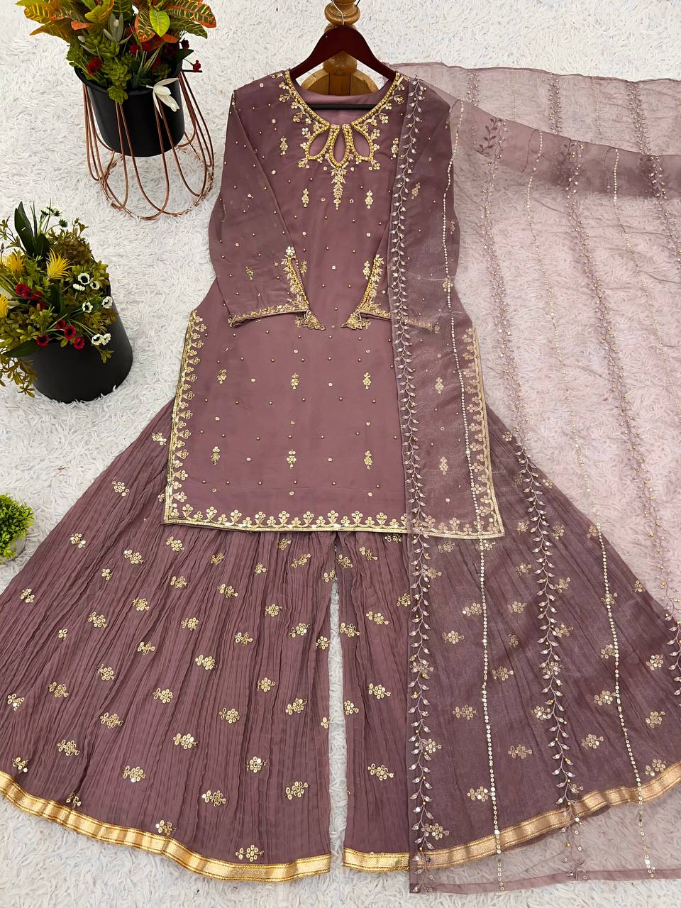 Elegant Brown Color Heavy Faux Georgette With Heavy Embroidery Sequence Work