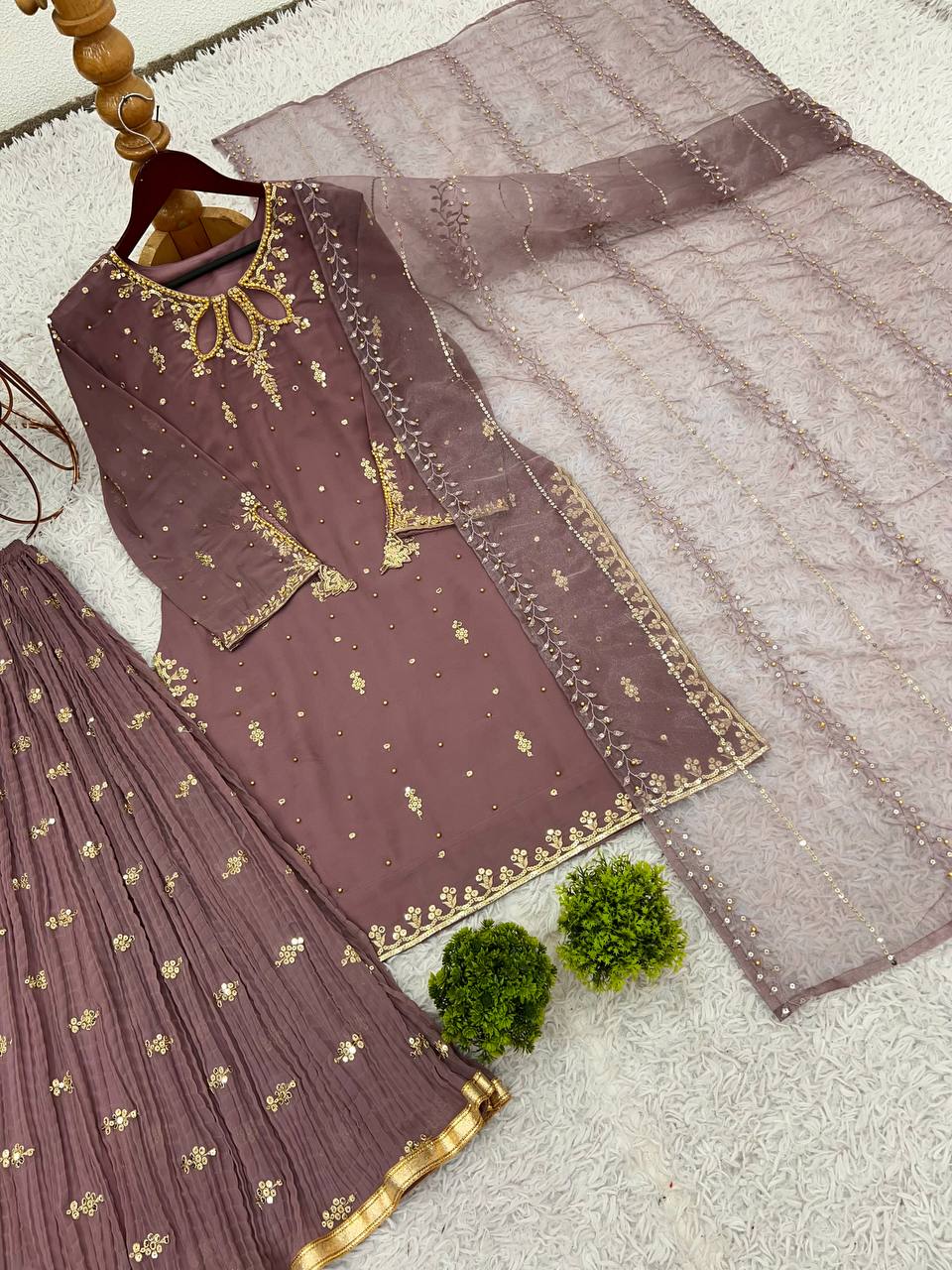 Elegant Brown Color Heavy Faux Georgette With Heavy Embroidery Sequence Work