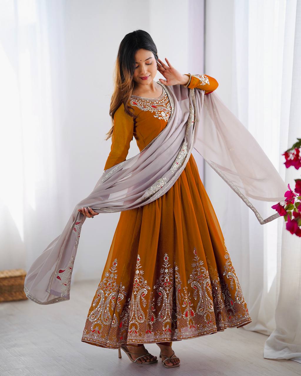 Function Wear Mustard Color Georgette With Multi Thread Embroidery Sequence Work Designer Gown