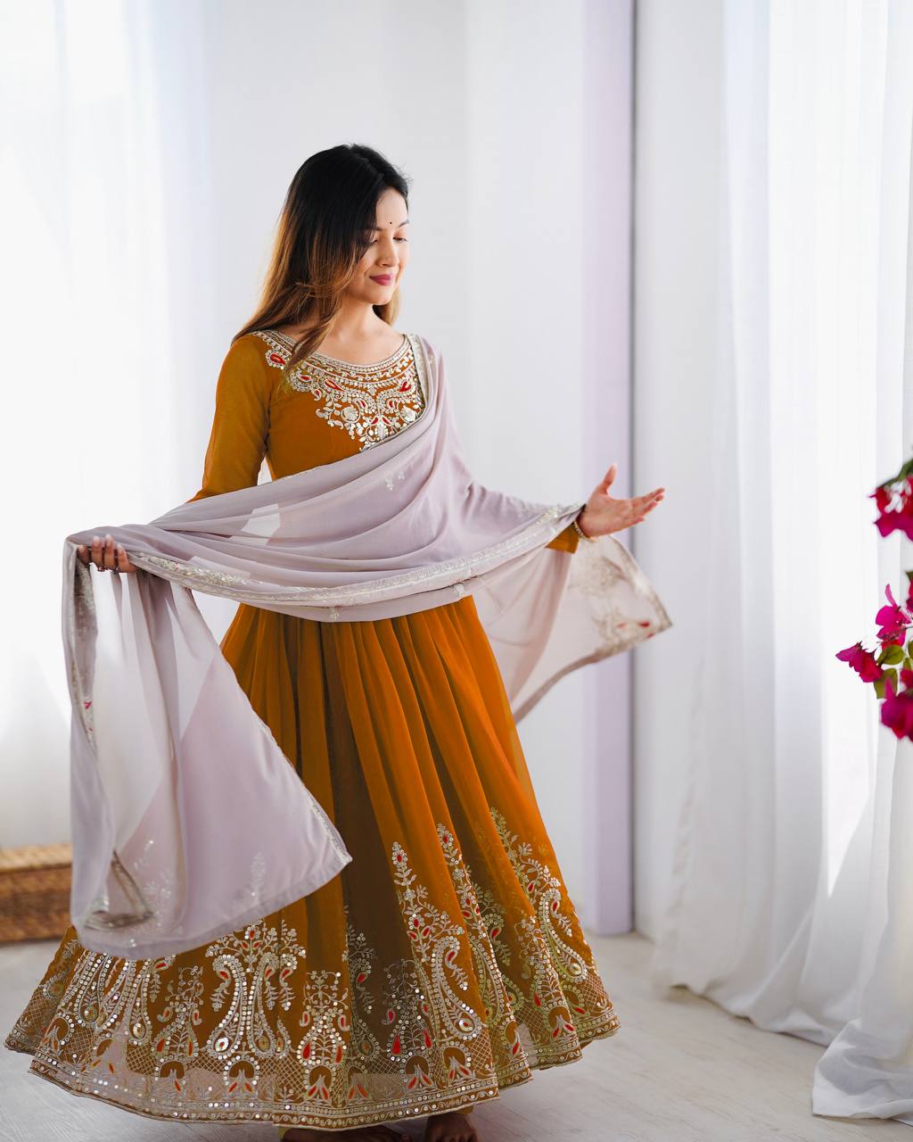 Function Wear Mustard Color Georgette With Multi Thread Embroidery Sequence Work Designer Gown