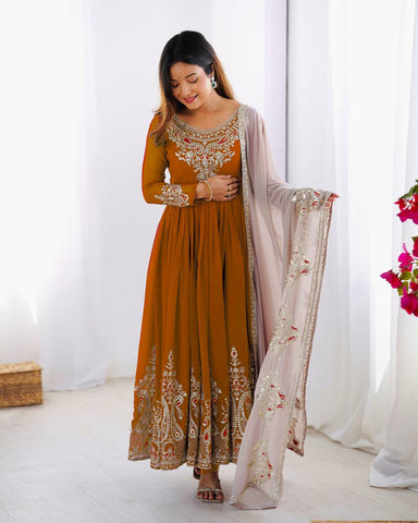 Function Wear Mustard Color Georgette With Multi Thread Embroidery Sequence Work Designer Gown