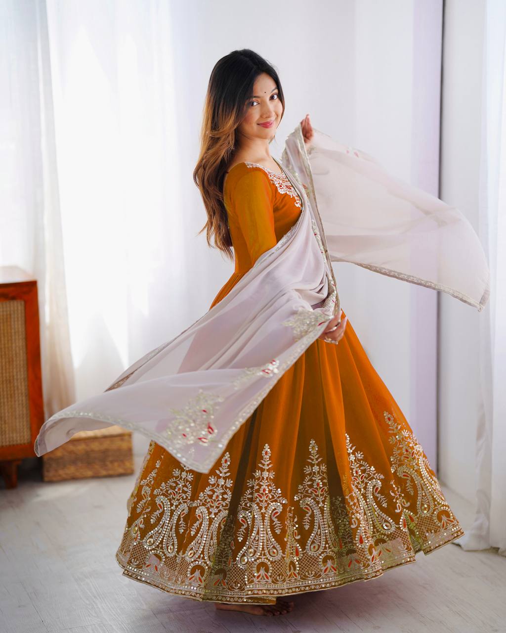 Function Wear Mustard Color Georgette With Multi Thread Embroidery Sequence Work Designer Gown