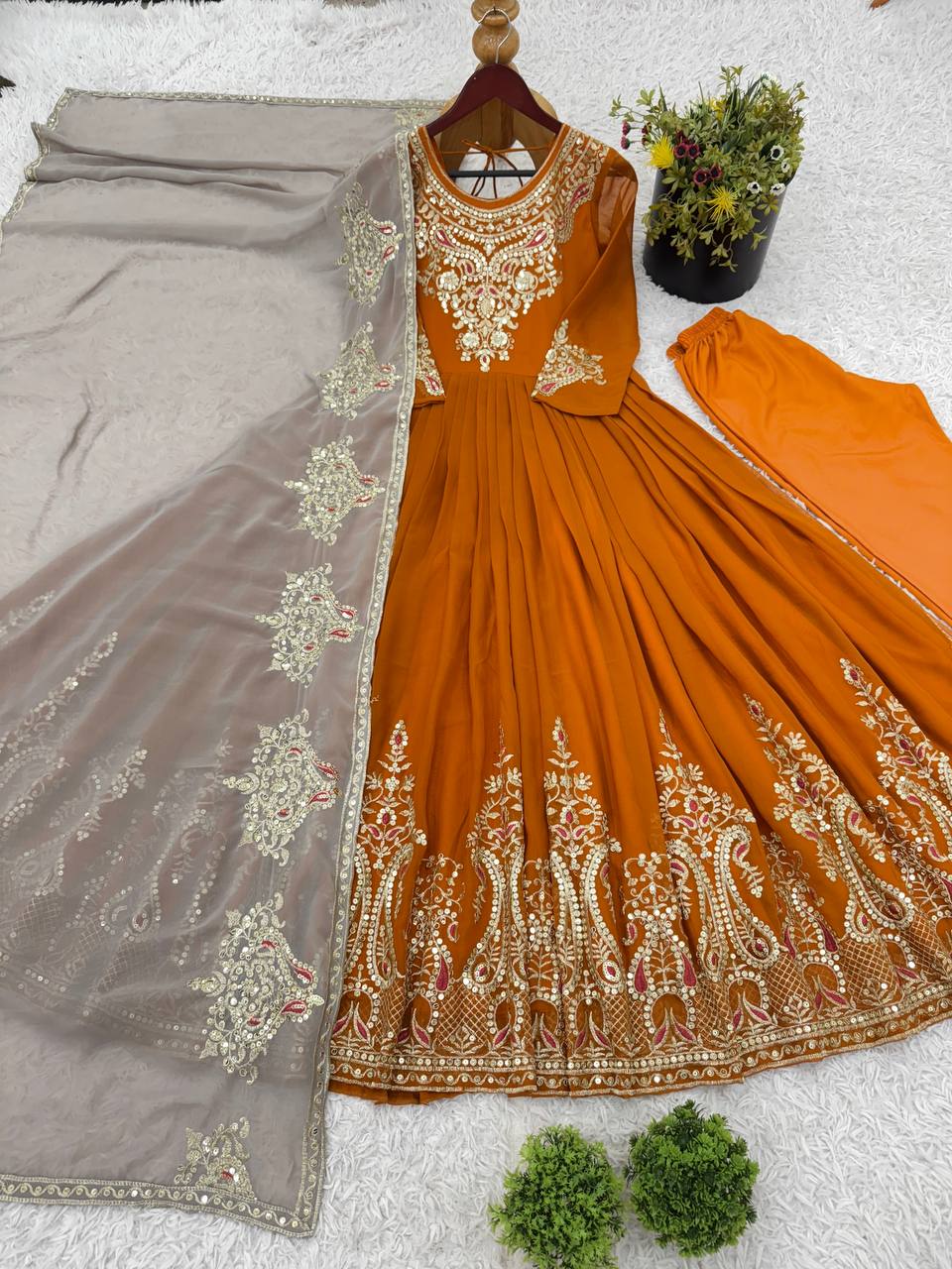Function Wear Mustard Color Georgette With Multi Thread Embroidery Sequence Work Designer Gown