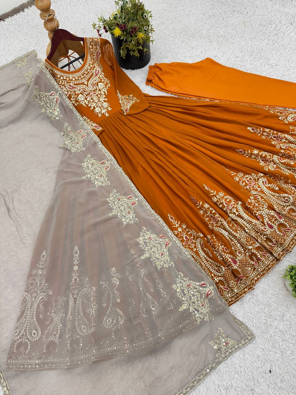 Function Wear Mustard Color Georgette With Multi Thread Embroidery Sequence Work Designer Gown