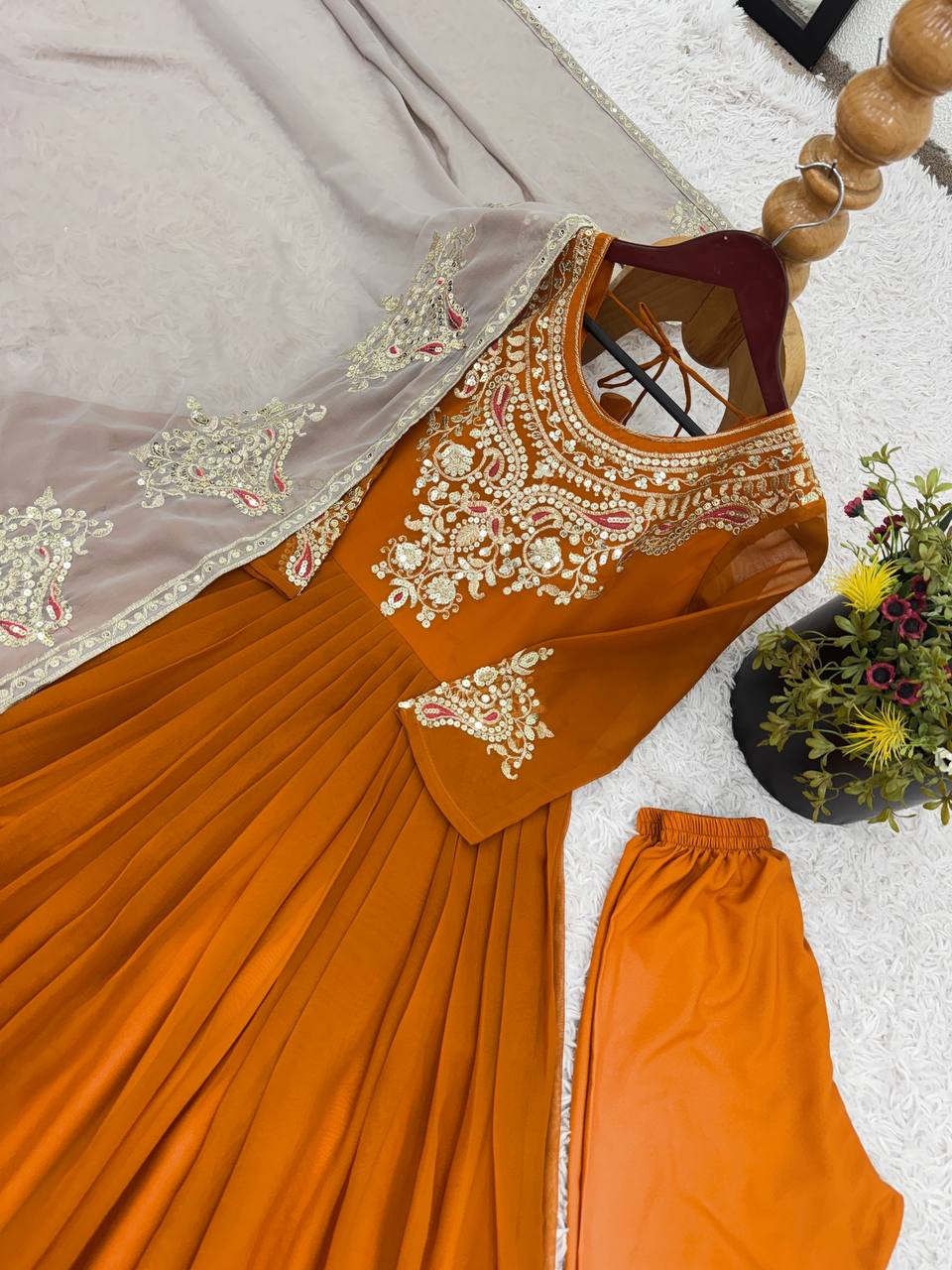 Function Wear Mustard Color Georgette With Multi Thread Embroidery Sequence Work Designer Gown