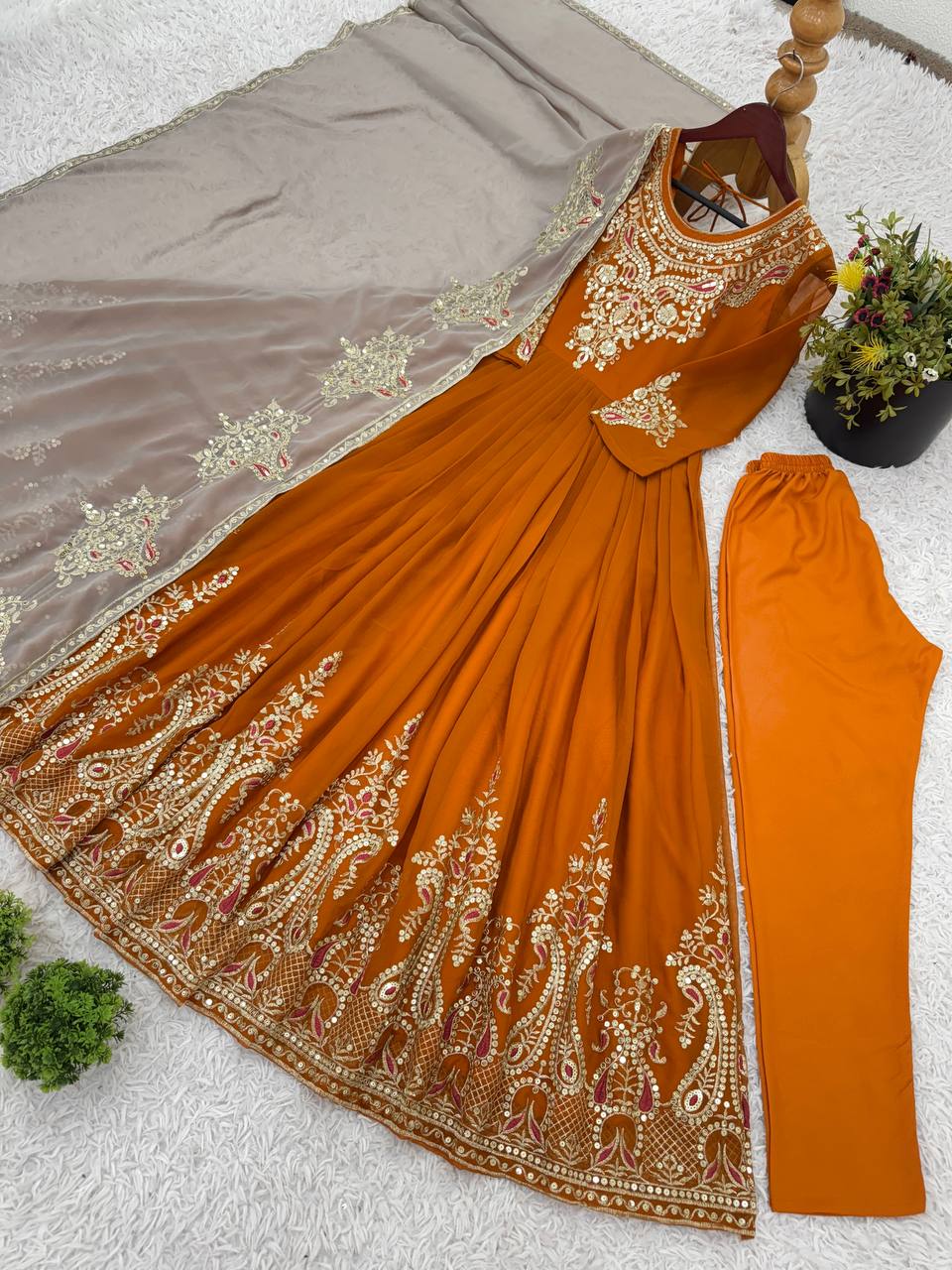 Function Wear Mustard Color Georgette With Multi Thread Embroidery Sequence Work Designer Gown