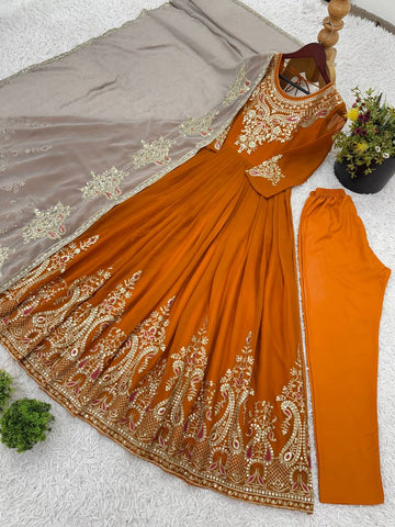 Function Wear Mustard Color Georgette With Multi Thread Embroidery Sequence Work Designer Gown