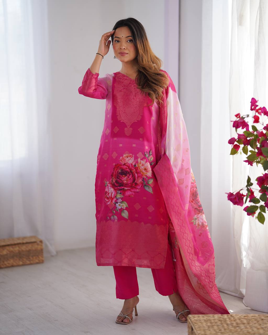 Festive Wear Pink Color Chanderi Silk Jacquard Work With Digital Printed Salwar Suit