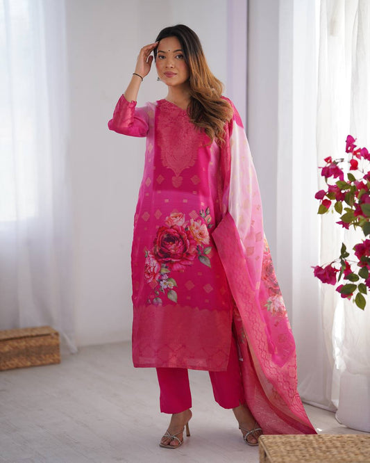 Festive Wear Pink Color Chanderi Silk Jacquard Work With Digital Printed Salwar Suit