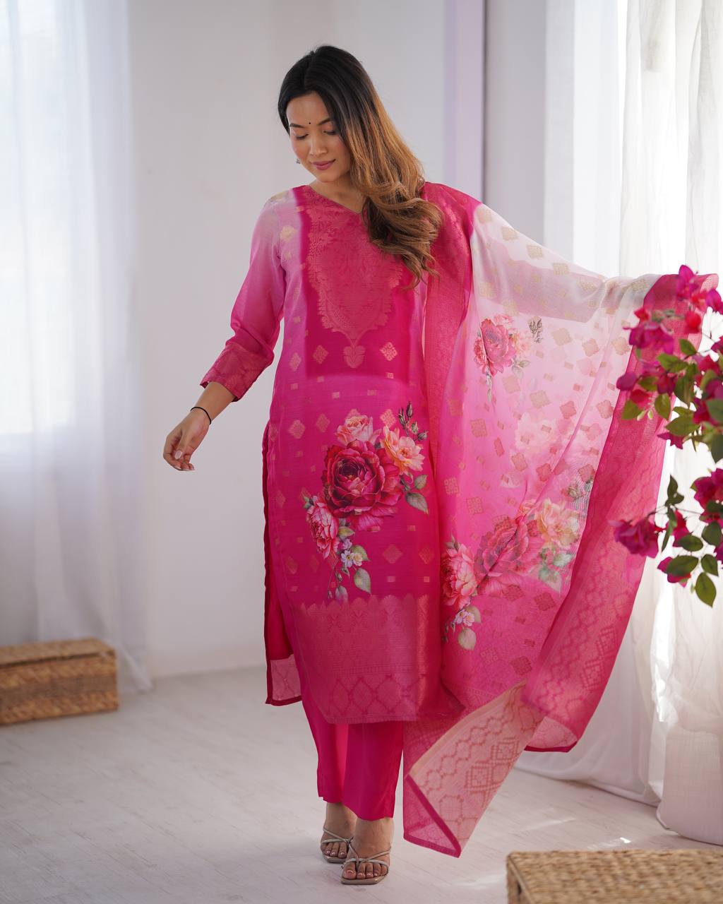 Festive Wear Pink Color Chanderi Silk Jacquard Work With Digital Printed Salwar Suit