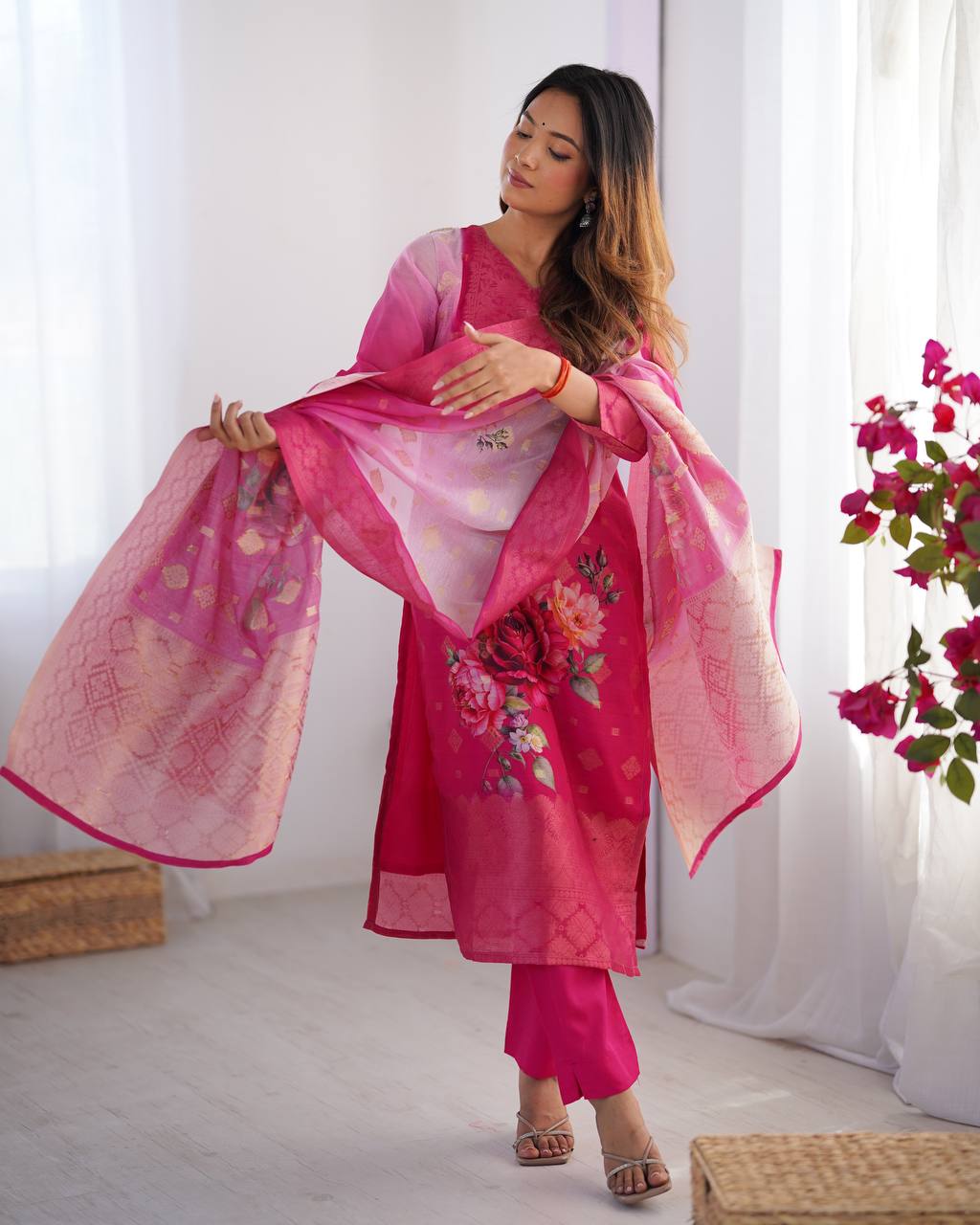 Festive Wear Pink Color Chanderi Silk Jacquard Work With Digital Printed Salwar Suit