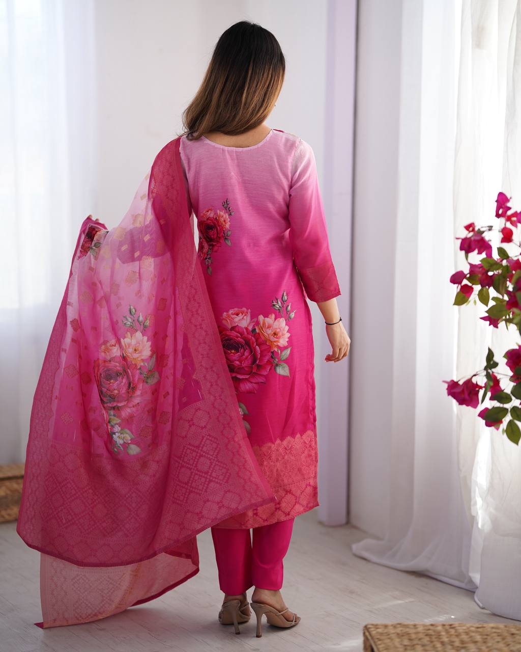 Festive Wear Pink Color Chanderi Silk Jacquard Work With Digital Printed Salwar Suit
