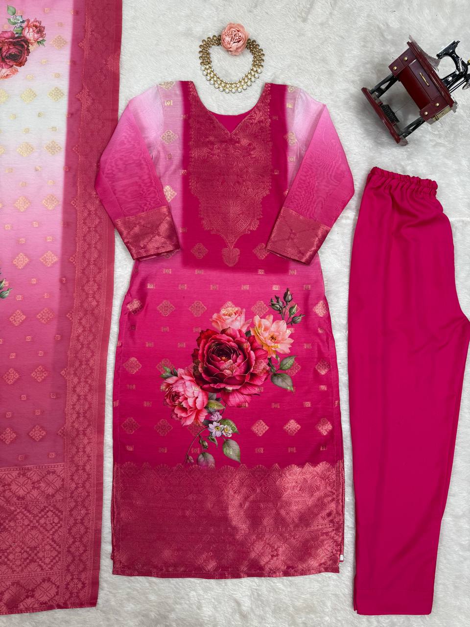 Festive Wear Pink Color Chanderi Silk Jacquard Work With Digital Printed Salwar Suit