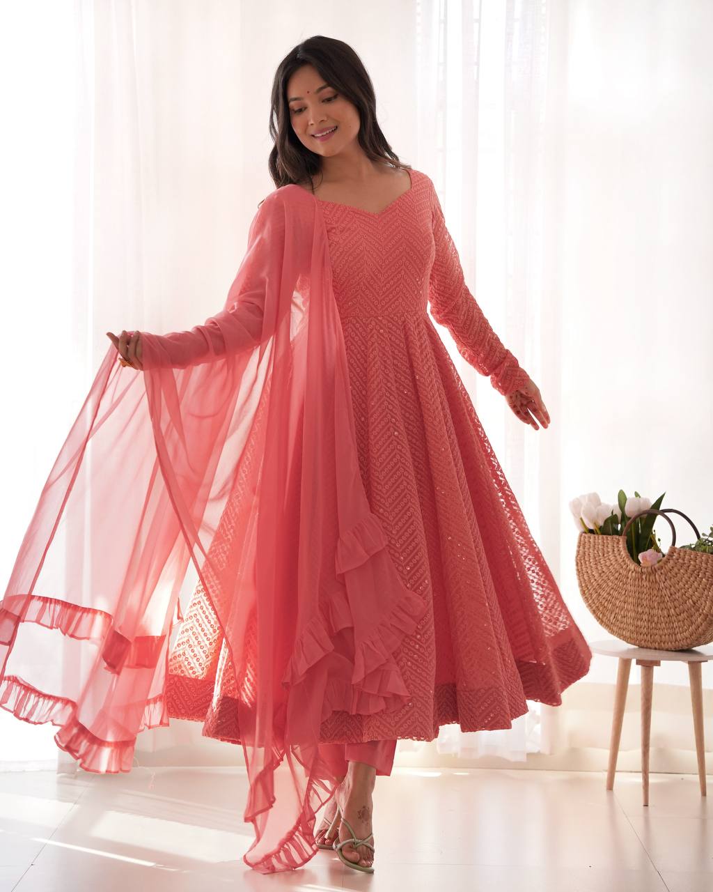 Luxuriant Peach Color Heavy Pure Soft Faux Georgette Lucknowi Sequence Work Anarkali Gown