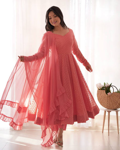 Luxuriant Peach Color Heavy Pure Soft Faux Georgette Lucknowi Sequence Work Anarkali Gown