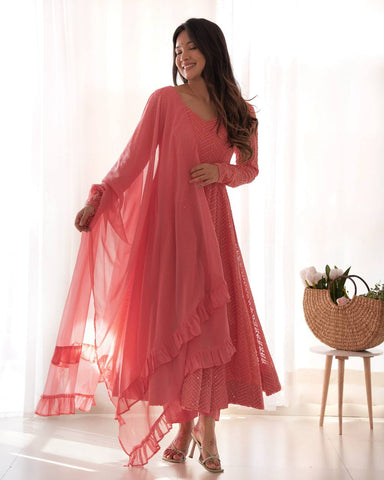 Luxuriant Peach Color Heavy Pure Soft Faux Georgette Lucknowi Sequence Work Anarkali Gown