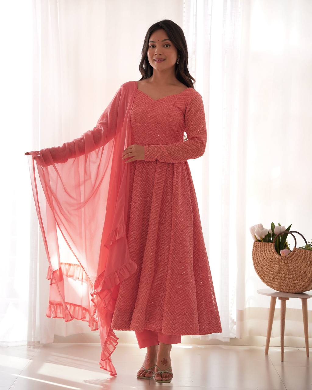 Luxuriant Peach Color Heavy Pure Soft Faux Georgette Lucknowi Sequence Work Anarkali Gown