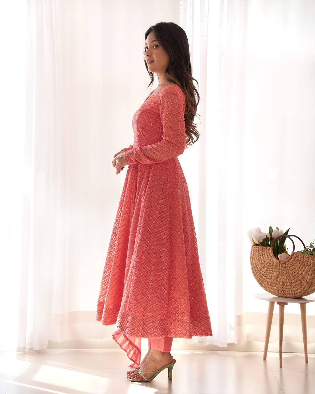 Luxuriant Peach Color Heavy Pure Soft Faux Georgette Lucknowi Sequence Work Anarkali Gown
