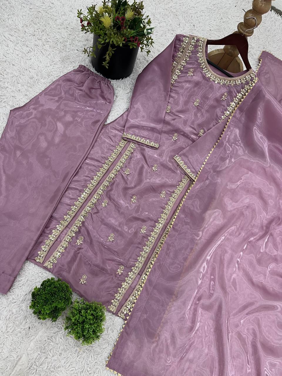 Captivating Lavender Color Pure Jimmy Choo With Embroidery Sequence Work Salwar Palazzo Suit