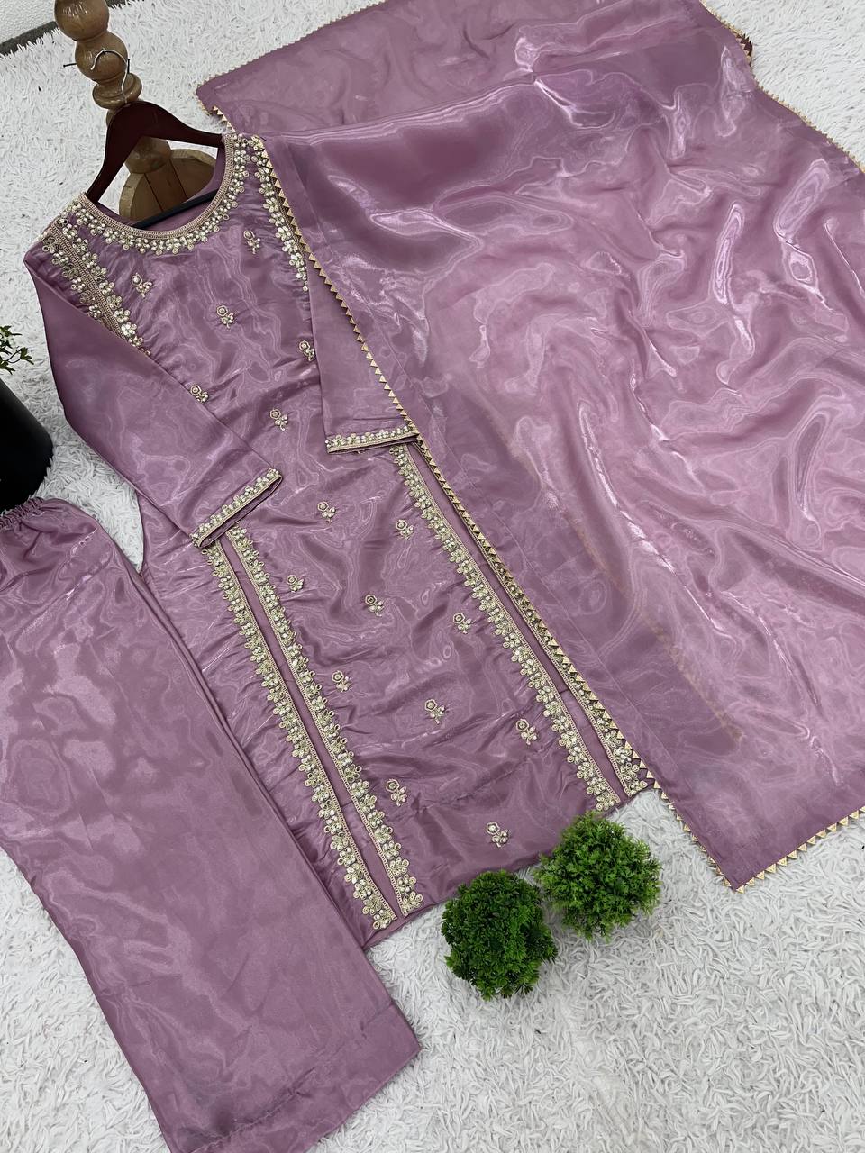Captivating Lavender Color Pure Jimmy Choo With Embroidery Sequence Work Salwar Palazzo Suit