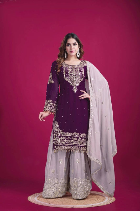 Celebrity Style Wine Color Heavy Faux Georgette With Heavy Embroidery Work Palazzo shuit