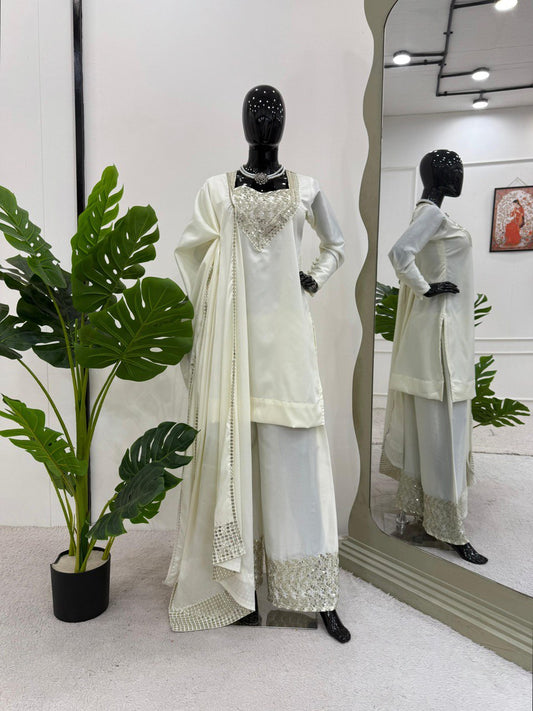 Ceremony Wear White Color Chinon Silk And Thread With Sequence Work Palazzo Suit