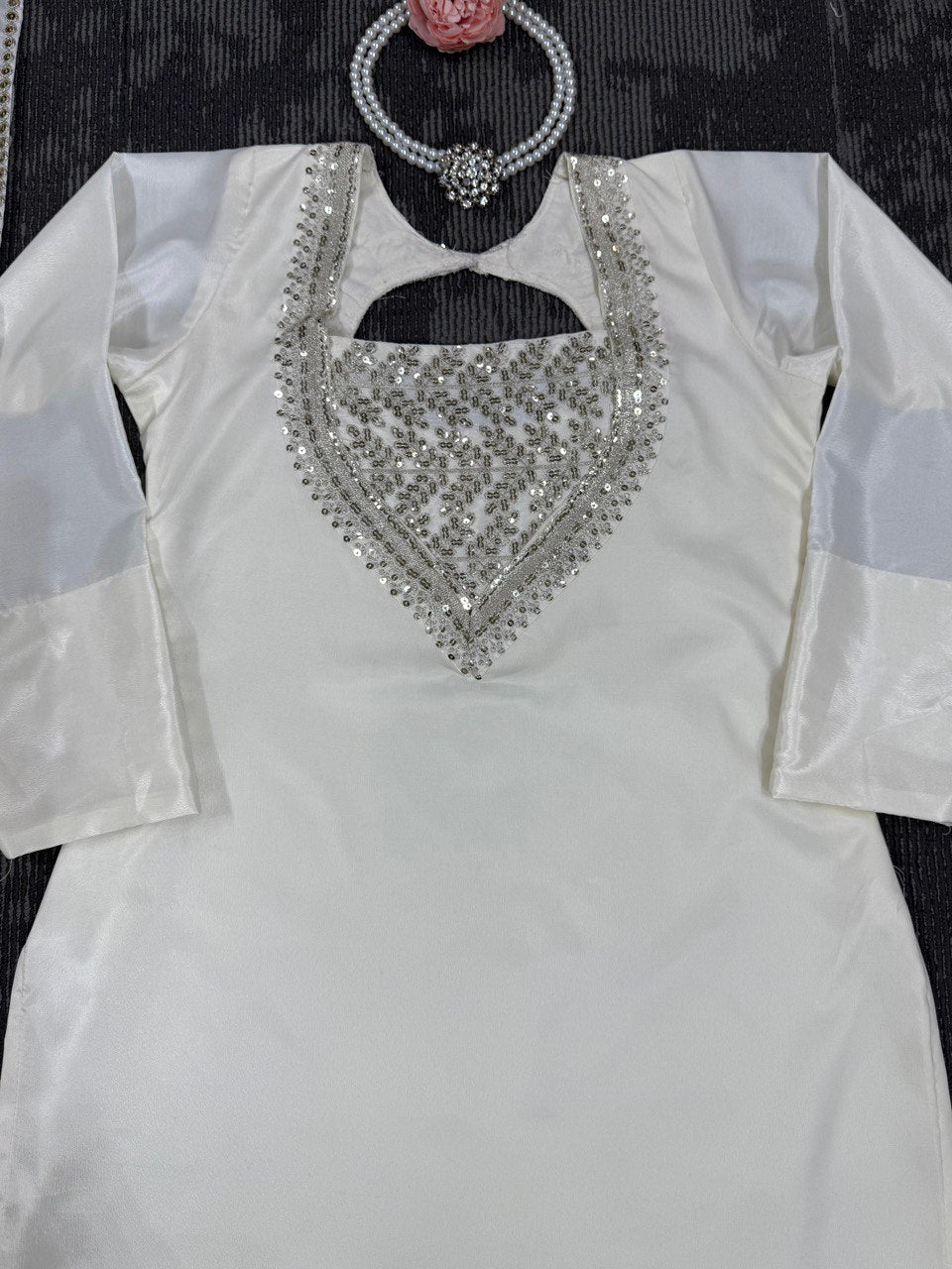 Ceremony Wear White Color Chinon Silk And Thread With Sequence Work Palazzo Suit