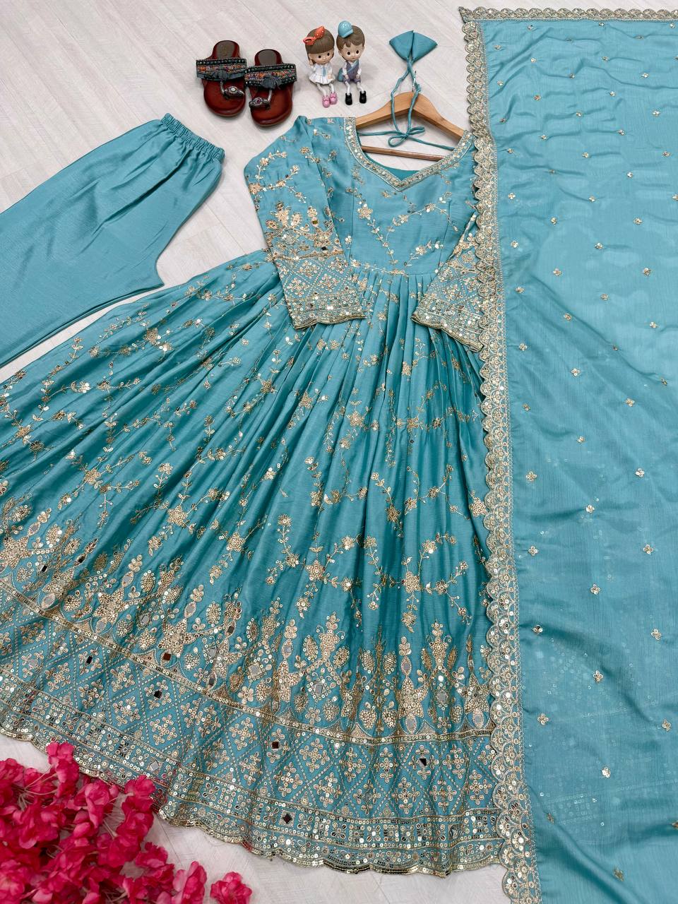 Stunning Sky Color Heavy Chinon Silk With Embroidery Sequence Work Anarkali Gown