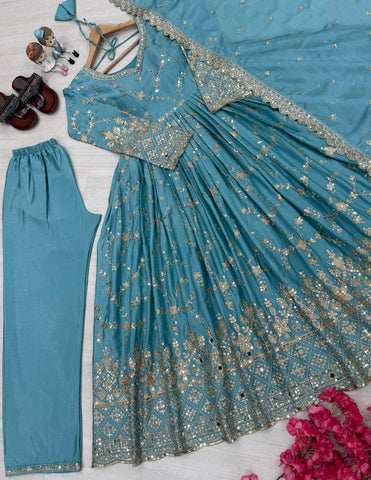 Stunning Sky Color Heavy Chinon Silk With Embroidery Sequence Work Anarkali Gown
