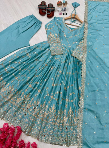 Stunning Sky Color Heavy Chinon Silk With Embroidery Sequence Work Anarkali Gown