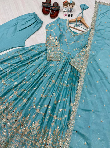 Stunning Sky Color Heavy Chinon Silk With Embroidery Sequence Work Anarkali Gown