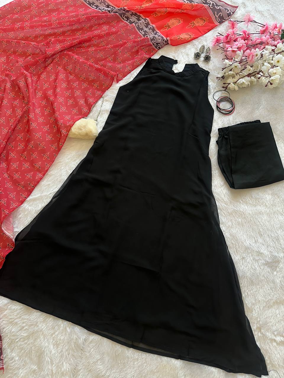 Festive Wear Black Color Georgette Kurta With Both Side Pocket