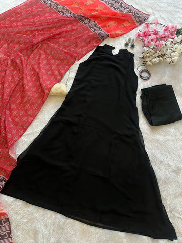 Festive Wear Black Color Georgette Kurta With Both Side Pocket
