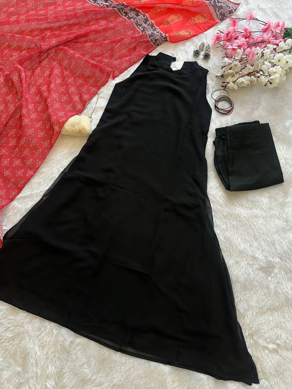 Festive Wear Black Color Georgette Kurta With Both Side Pocket