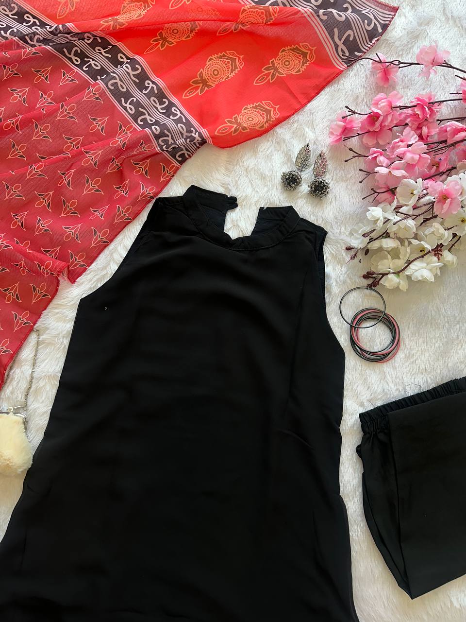 Festive Wear Black Color Georgette Kurta With Both Side Pocket