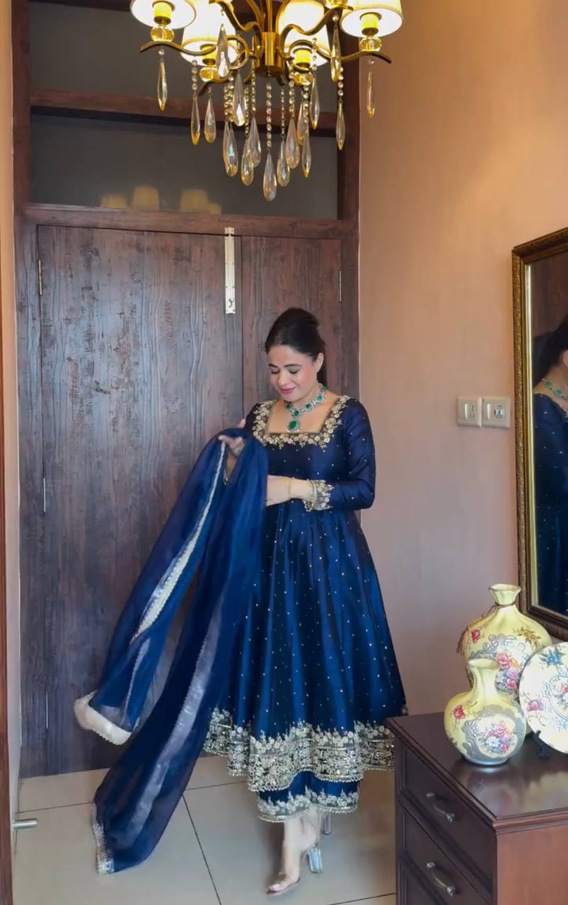 Attractive Royal Blue Color Heavy Pure Vichitra Silk With Embroidery 5mm Sequence Work Anarkali Gown
