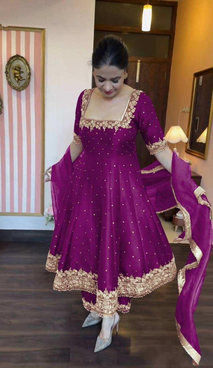 Attractive Purple Color Heavy Pure Vichitra Silk With Embroidery 5mm Sequence Work Anarkali Gown