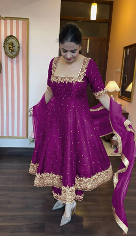 Attractive Purple Color Heavy Pure Vichitra Silk With Embroidery 5mm Sequence Work Anarkali Gown