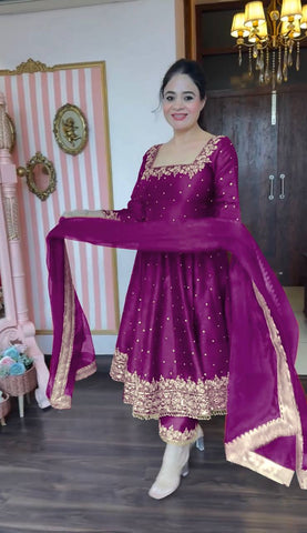 Attractive Purple Color Heavy Pure Vichitra Silk With Embroidery 5mm Sequence Work Anarkali Gown