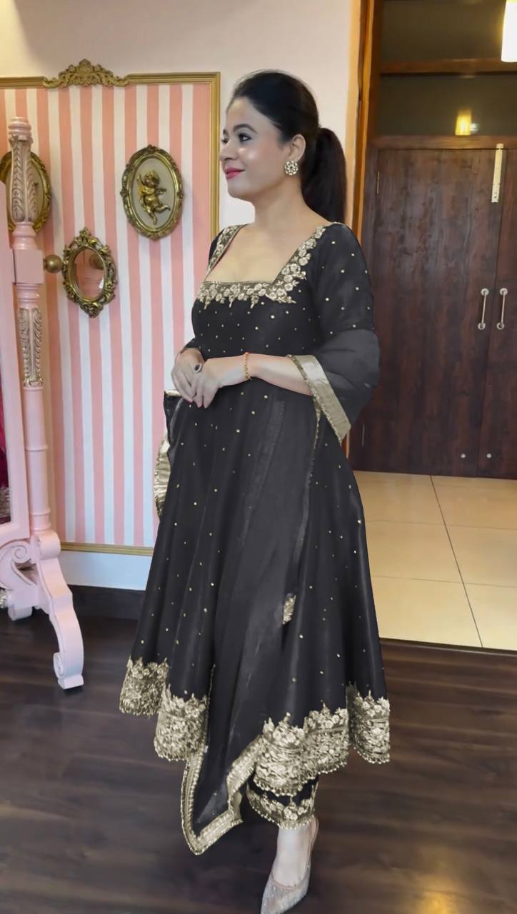 Attractive Black Color Heavy Pure Vichitra Silk With Embroidery 5mm Sequence Work Anarkali Gown