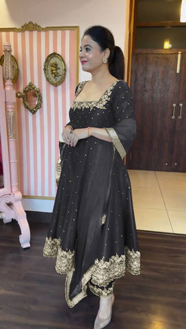 Attractive Black Color Heavy Pure Vichitra Silk With Embroidery 5mm Sequence Work Anarkali Gown