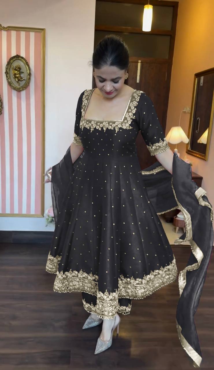 Attractive Black Color Heavy Pure Vichitra Silk With Embroidery 5mm Sequence Work Anarkali Gown