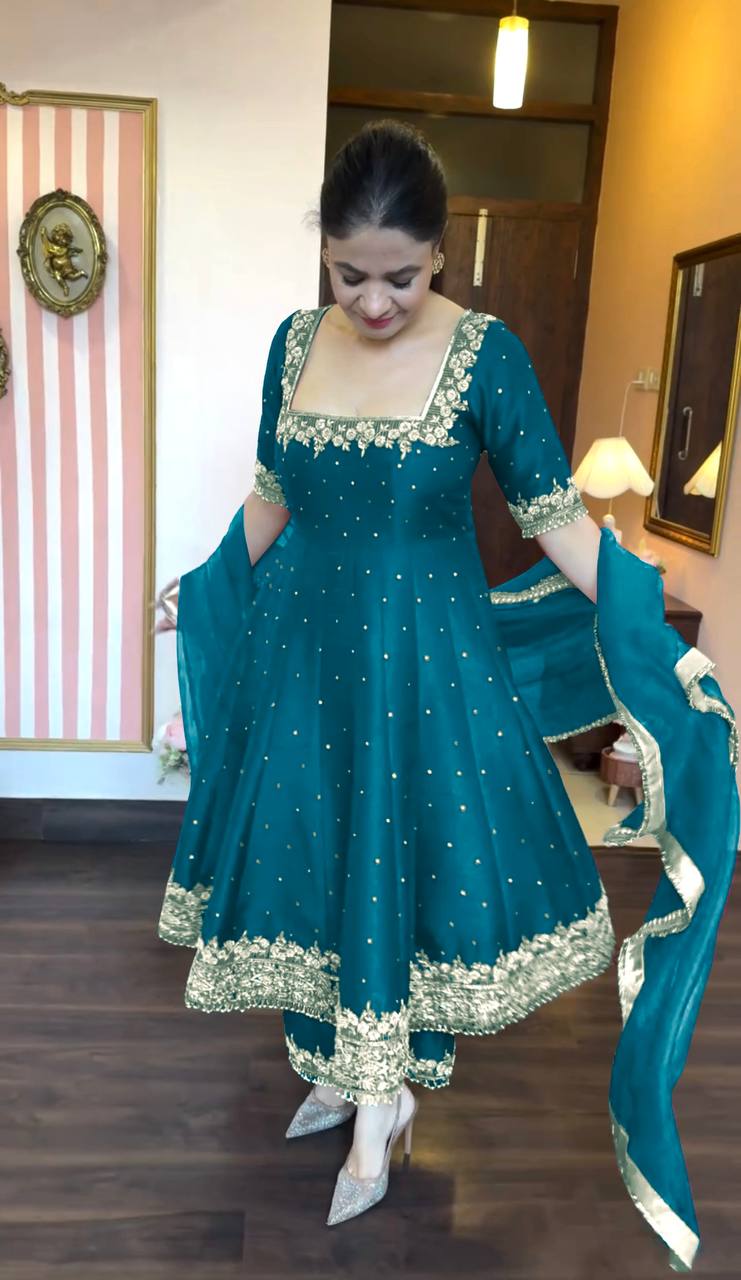 Attractive Aqua Green Color Heavy Pure Vichitra Silk With Embroidery 5mm Sequence Work Anarkali Gown
