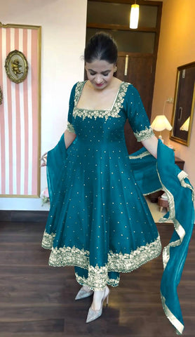 Attractive Aqua Green Color Heavy Pure Vichitra Silk With Embroidery 5mm Sequence Work Anarkali Gown