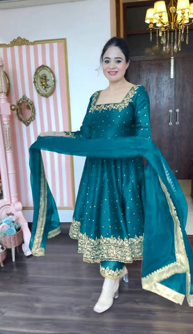 Attractive Aqua Green Color Heavy Pure Vichitra Silk With Embroidery 5mm Sequence Work Anarkali Gown
