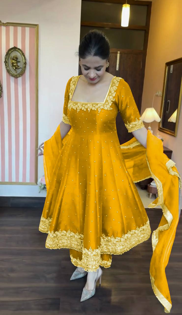 Attractive Yellow Color Heavy Pure Vichitra Silk With Embroidery 5mm Sequence Work Anarkali Gown