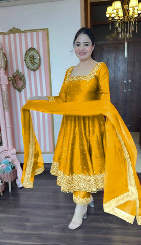 Attractive Yellow Color Heavy Pure Vichitra Silk With Embroidery 5mm Sequence Work Anarkali Gown