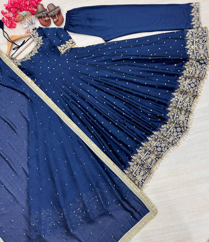 Attractive Royal Blue Color Heavy Pure Vichitra Silk With Embroidery 5mm Sequence Work Anarkali Gown