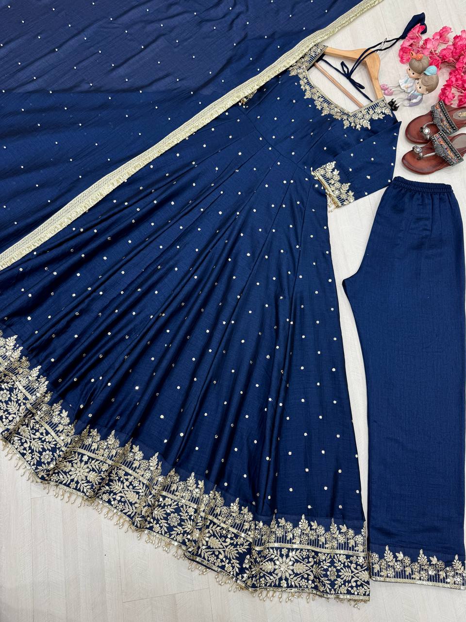 Attractive Royal Blue Color Heavy Pure Vichitra Silk With Embroidery 5mm Sequence Work Anarkali Gown